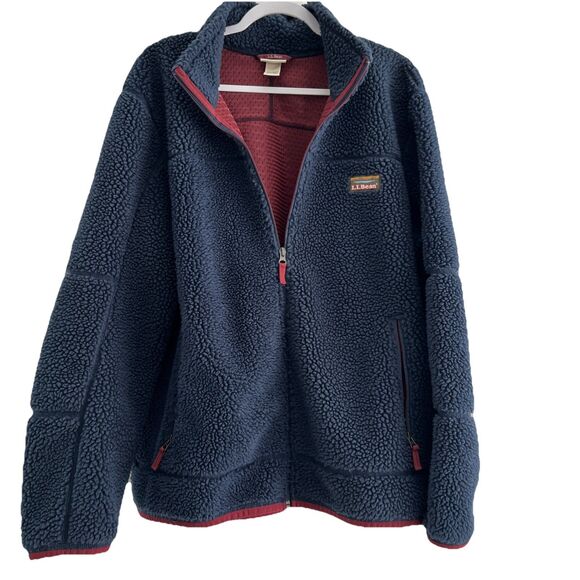 LL Bean Sherpa Fleece Mountain Jacket Full Zip Deep Pile Retro Navy Men's XXL - Picture 1 of 9